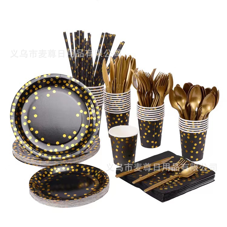 Oro negro serie banquete cumpleaños desechable Hotel vajilla suministros barbacoa al aire libre plato de papel taza cuchillo, tenedor y cuchara