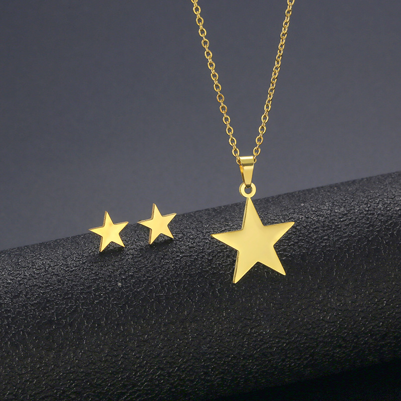 18K Golden Five-pointed Star Necklace Three-piece Set Star Stud Earrings Stainless Steel Small Set