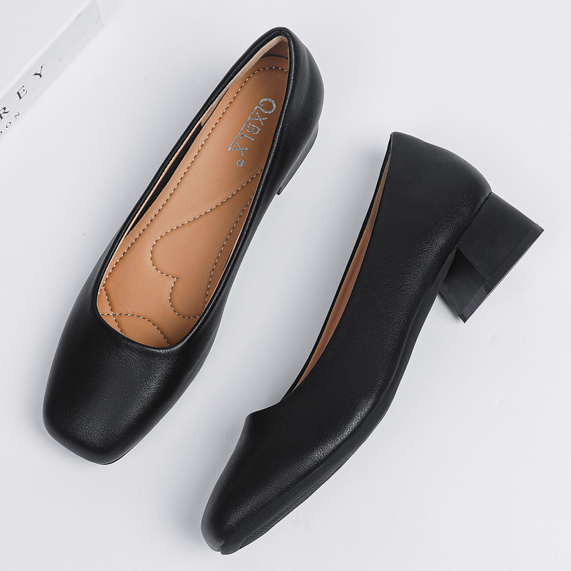 Stewardess Work Shoes, Black Professional Shoes, Medium Heel, Thick Heel Flats, Soft Sole, Comfortable and Not Tiring, Civil Servant Interview Shoes for Women