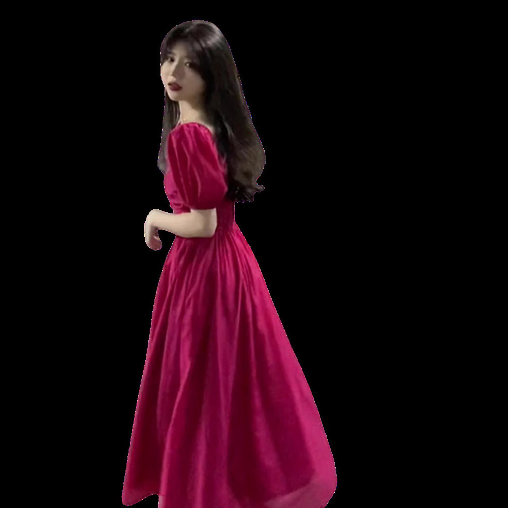 Đầm suông midi họa tiết hoa hồng đỏ tay ngắn cổ tròn — Váy liền màu đỏ hoa hồng
