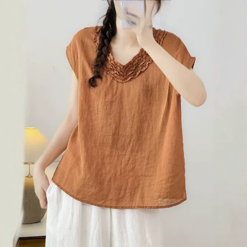 Ramie Fabric Ruffle Sleeve Shirt 2026 Vintage Style Solid Color V-Neck Lightweight Breathable Versatile Top for Women