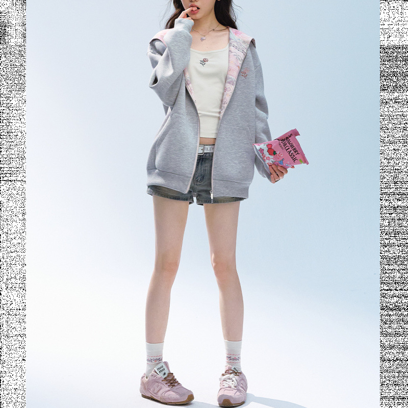 【田曦薇同款】美式灰色连帽卫衣外套女秋季宽松百搭甜美休闲夹克|undefined