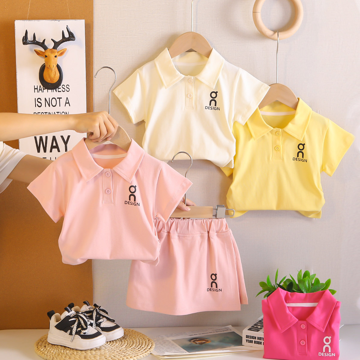 Girls Summer Suit 2026 New Casual Kidsren's Baby Embroidered Polo Collar Short-Sleeved Short Skirt Pants Two-Piece Trendy Set