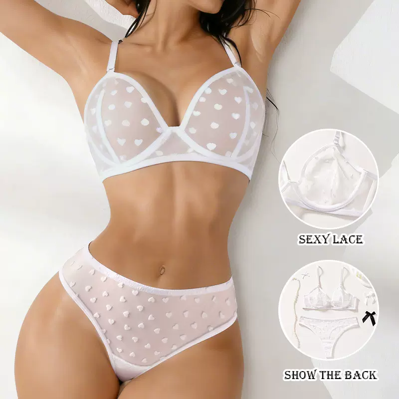 跨境新款植绒心形女士内衣超薄文胸蕾丝性感聚拢薄款文胸套装