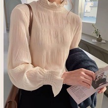 今年流行白色高领蕾丝打底衫女秋冬新款内搭木耳边高级感网纱上衣