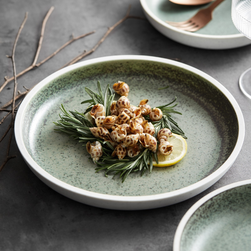 Horno redondo de estilo japonés, plato occidental de cerámica vidriada, plato de verduras profundas, plato frío atractivo, restaurante de hotel, vajilla de restaurante