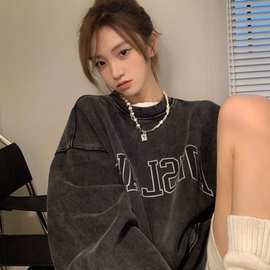 圆领美式卫衣女2023新款春秋宽松韩慵懒风版上衣oversize长袖外套