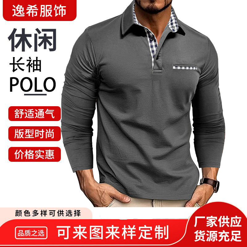 New Long-Sleeved Men's T-Shirt Polo Lapel Casual Top Cross-Border Amazon Lapel Long-Sleeved European and American Men's Polo New Long-Sleeved Men's T-Shirt Polo Lapel Casual Top Cross-Border Amazon Lapel Long-Sleeved European and American Men's Polo