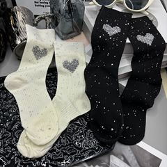 2024夏季新款歐貨薄款重工碎鑽大愛心亮閃閃星空破洞舒適中筒襪女