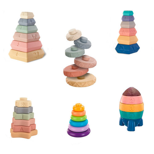 Children's soft rubber stacking tower embossed building blocks for infants and toddlers 1-3 years old baby puzzle building vinyl toy grab