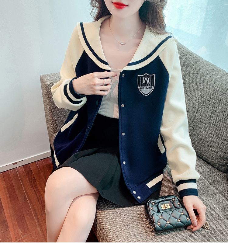 海军领撞色棒球服卫衣外套女2023秋冬新款感时尚宽松开衫ins上衣