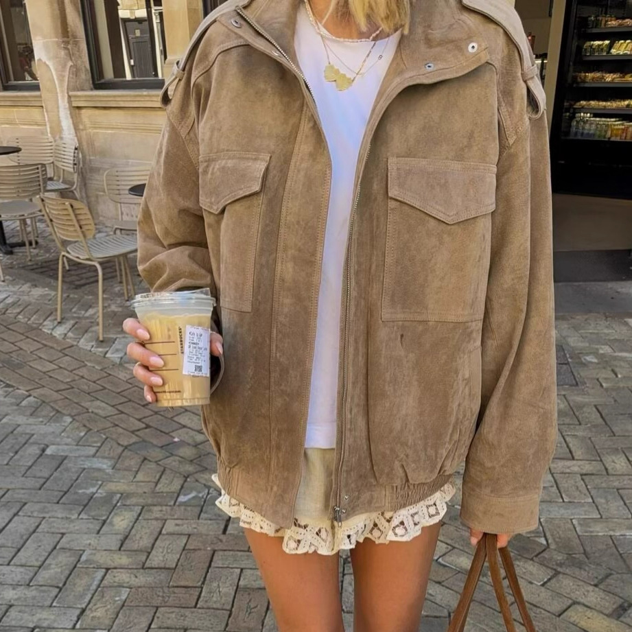 Imitation Deerskin Motorcycle Bomber Jacket for Women 2025 Autumn American Sexy Loose Casual Jacket Top