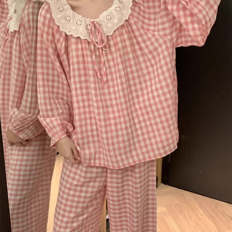 Cloud Cotton New Internet Celebrity Plaid Style Women's Pajamas Fashionable Simple Casual Long Sleeve Long Pants Set for Home Wear