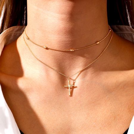 10g Weight Alloy Pendant Material Double Layer Necklaces Classification Alloy Chain Material 1 Piece Quantity Holiday, Daily Occasion Alloy Material Geometric, Cross Pattern Women's Gender Plating Design Basic, Modern Style, Classic Style Style Basic Modern Style Classic Style Geometric Cross Alloy Wholesale Double Layer Necklaces 1