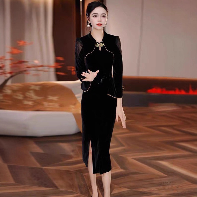 一件代发2025秋季新款时尚改良版气质旗袍女装七分袖国风旗袍裙子|undefined
