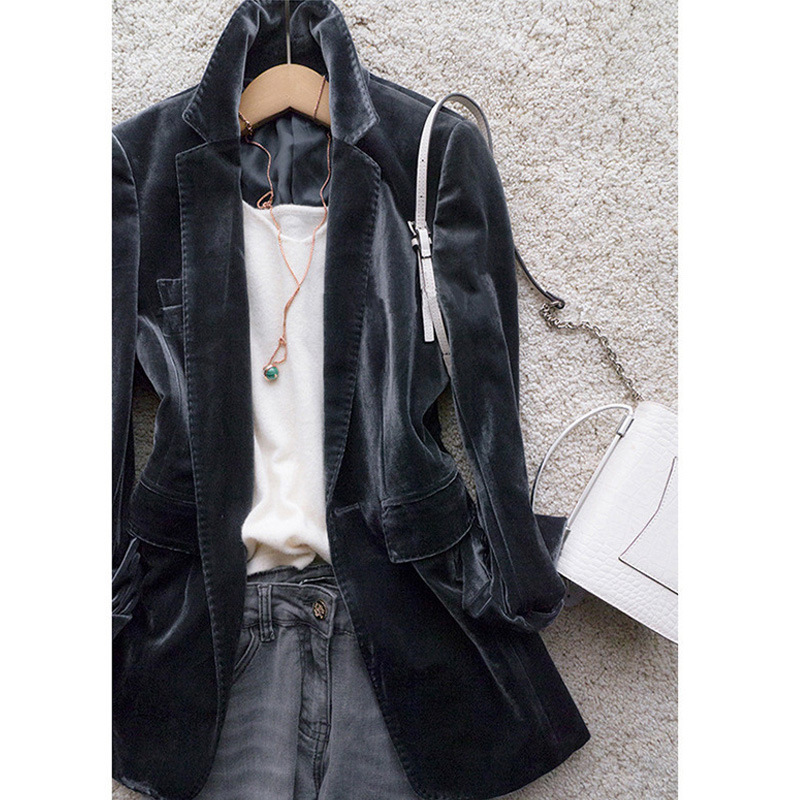 2025 Fashionable British-Style In-Stock Velvet Casual Smoky Gray Blazer Women's Jacket Korean Version Slim Velvet Suit for Women