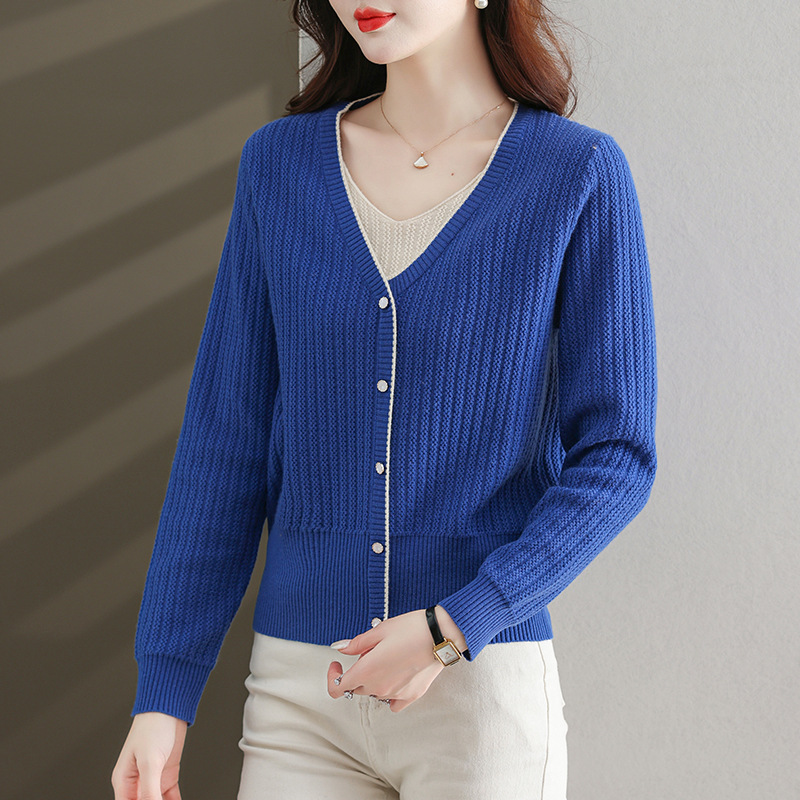 2024 new fake cardigan sweater fake two-piece pullover Spring and Autumn new women's knitted loose top women's woolen sweater