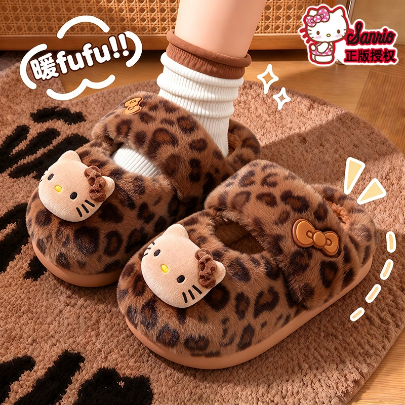 Домашние тапочки HelloKitty для девочек утеплённые с закрытой пяткой леопард