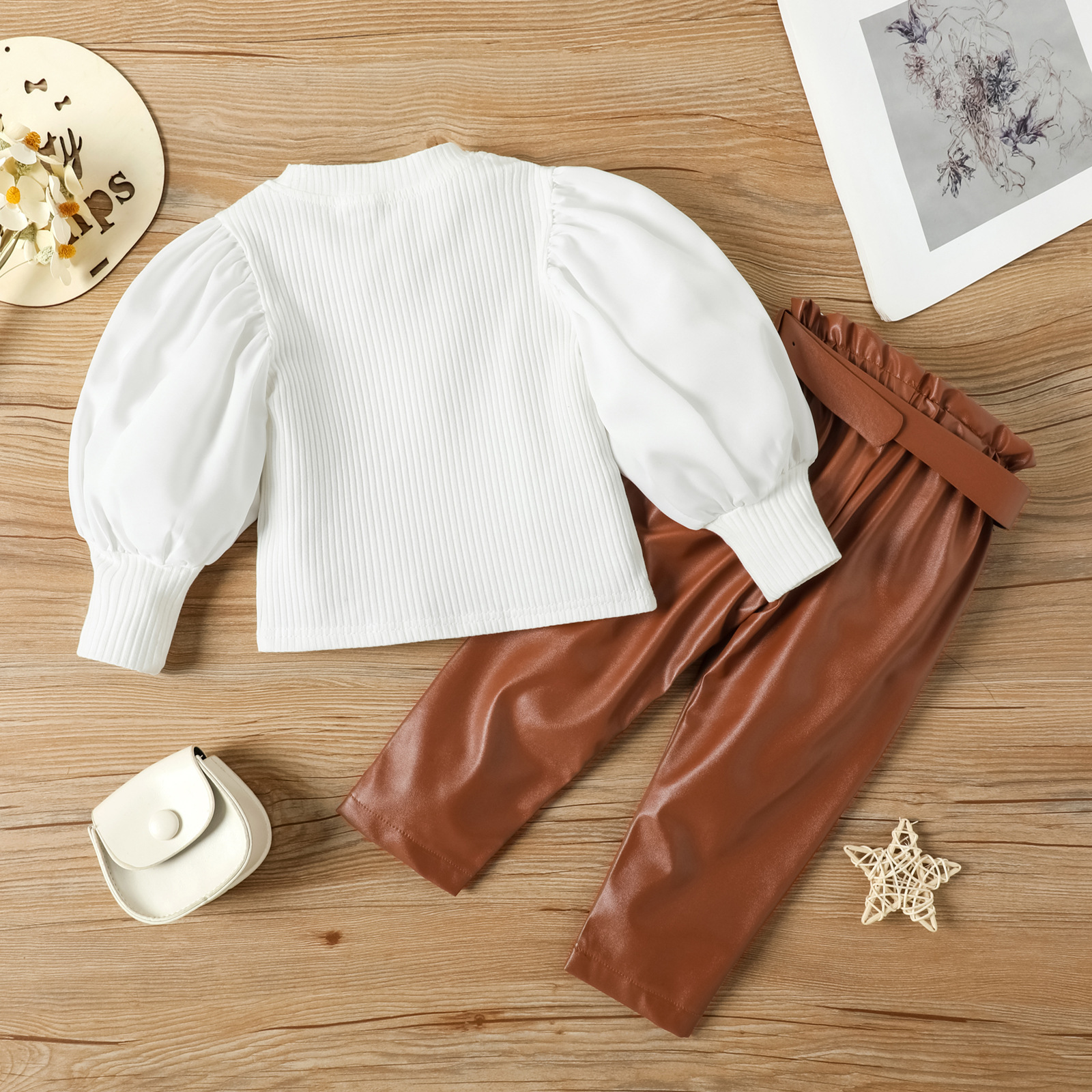 Round Neck Neckline Fashion Solid Color Cotton Girls Clothing Sets
