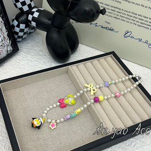 New Korean Sweet Beaded Cartoon Penguin Bow Dopamine Colorful Star Necklace