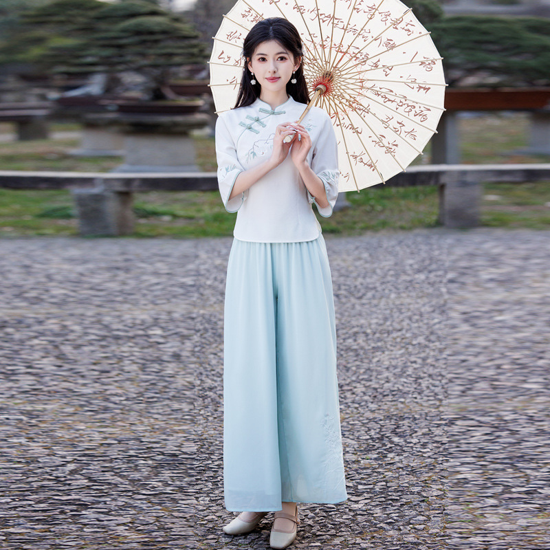 夏季新款民国风少女立领旗袍上衣中国风棉麻中式盘扣唐装茶艺服女