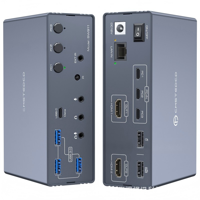 3 Type-C Inputs, 2 Hdmi2.0 Outputs + 1000m Network + 2 Usb2.0 Ports + 3 Usb3.0 Ports 3 Type-C Inputs, 2 Hdmi2.0 Outputs + 1000m Network + 2 Usb2.0 Ports + 3 Usb3.0 Ports