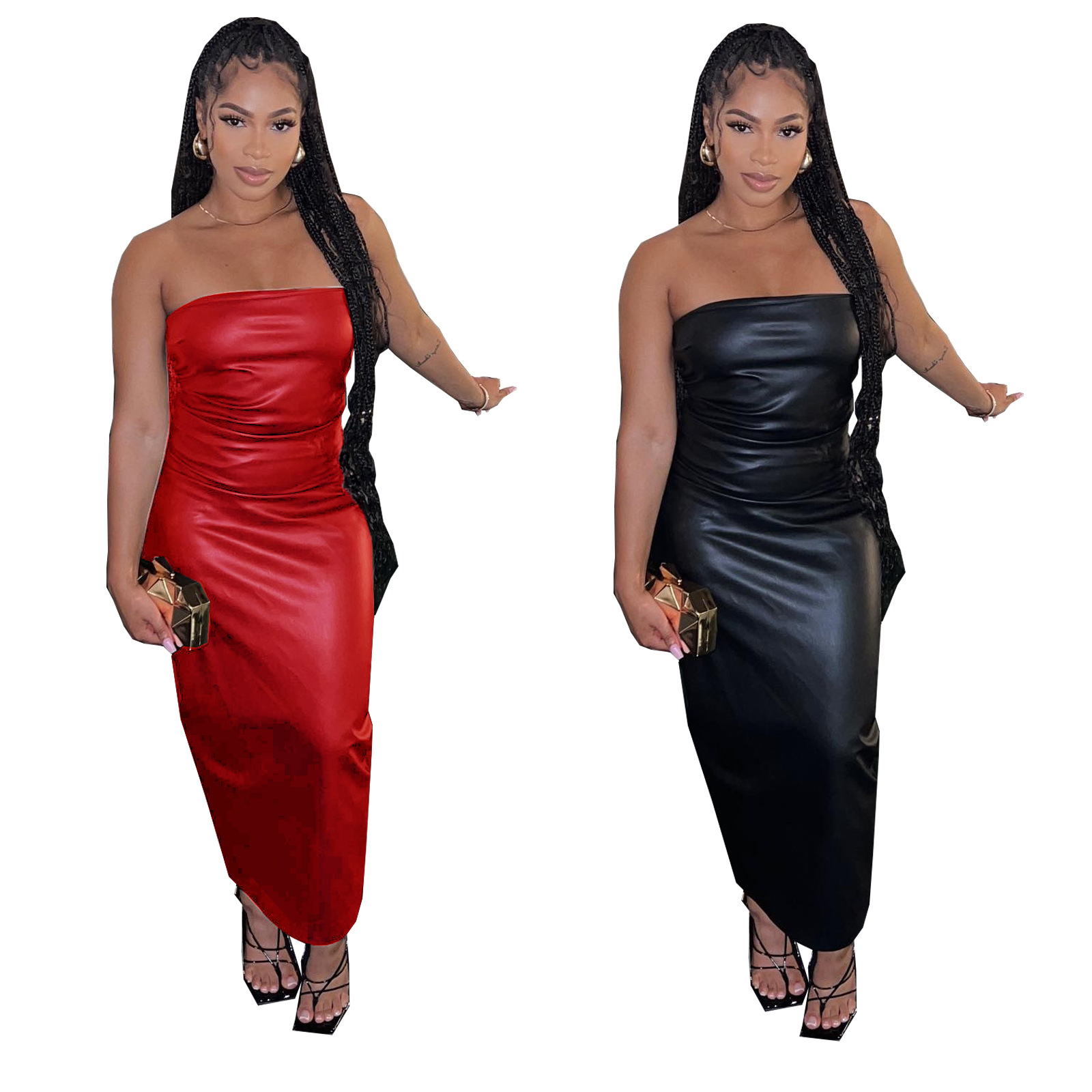 Vêtements pour femmes, poitrine enveloppée de bande de caoutchouc, fermeture éclair latérale, fente dans le dos, robe en PU, jupe longue en cuir_voghion.com