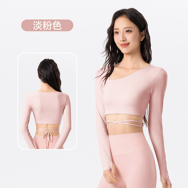 跨境短款正肩瑜伽服长袖女斜领绑带运动上衣带胸垫修身显瘦健身服|undefined
