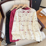 实拍大码法式感领镂空开衫气质减龄钩花刺绣蕾丝罩衫上衣