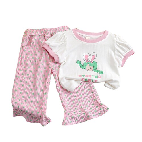 Children's Suit  New Cotton Girls Cartoon T-Shirt Cute Baby Love Anti-mosquito Pants Korean Version Two-piece Set