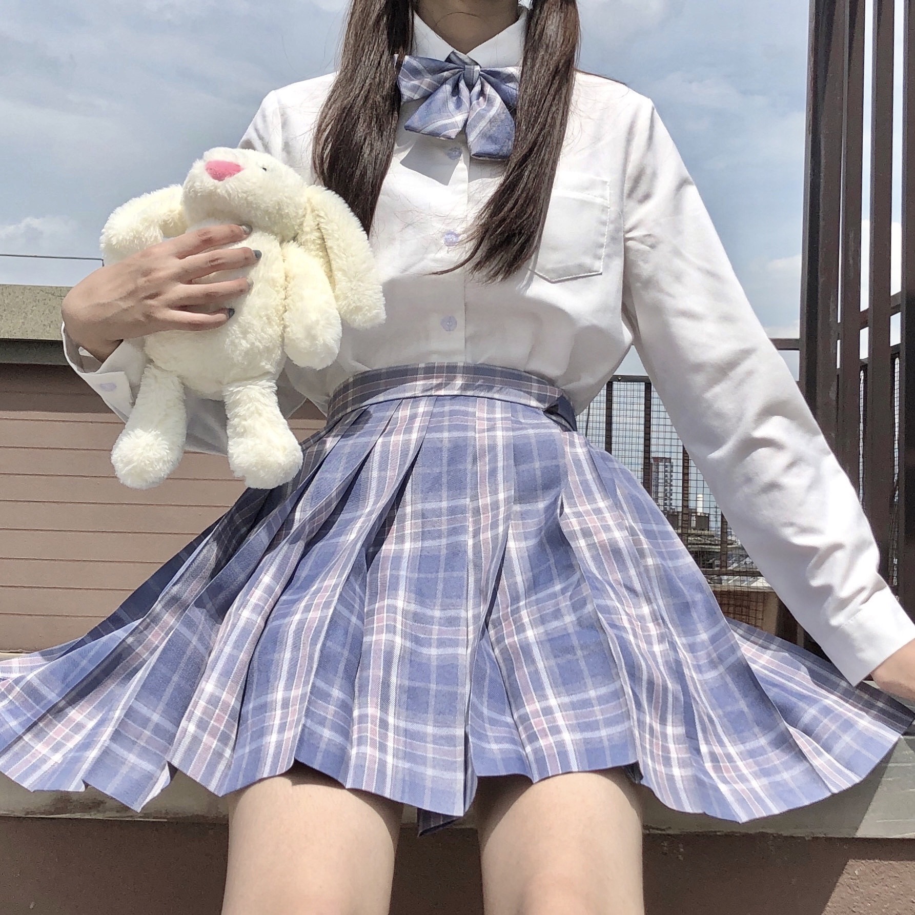 보라색 연기 JK 유니폼 스커트 오리지널 일본 대학 스타일 반팔 플리츠 스커트 학교 공급 격자 무늬 스커트 정장 여성용 풀 세트
