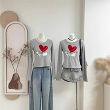 曾 咸韩系小狗爱心长袖t恤女早秋修身内搭单穿打底衫花灰色上衣