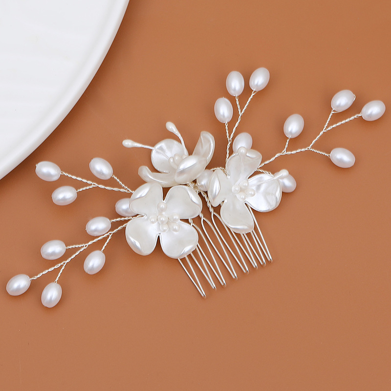 2023新款珍珠髮釵手工編織貝殼花發梳古風漢服髮飾時尚新娘頭飾品