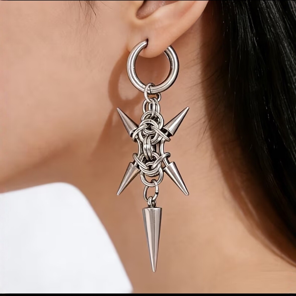 European and American punk style stainless steel spike earrings, gothic metal chain pendant earrings, unique and trendy earrings for women