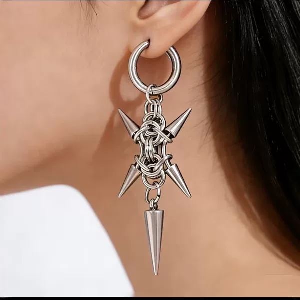 European and American punk style stainless steel spike earrings, gothic metal chain pendant earrings, unique and trendy earrings for women