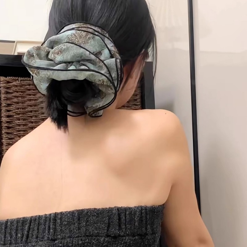 韩版四层小蛮腰褶皱复古印花大肠发圈女水墨花朵头绳气质马尾发绳|undefined