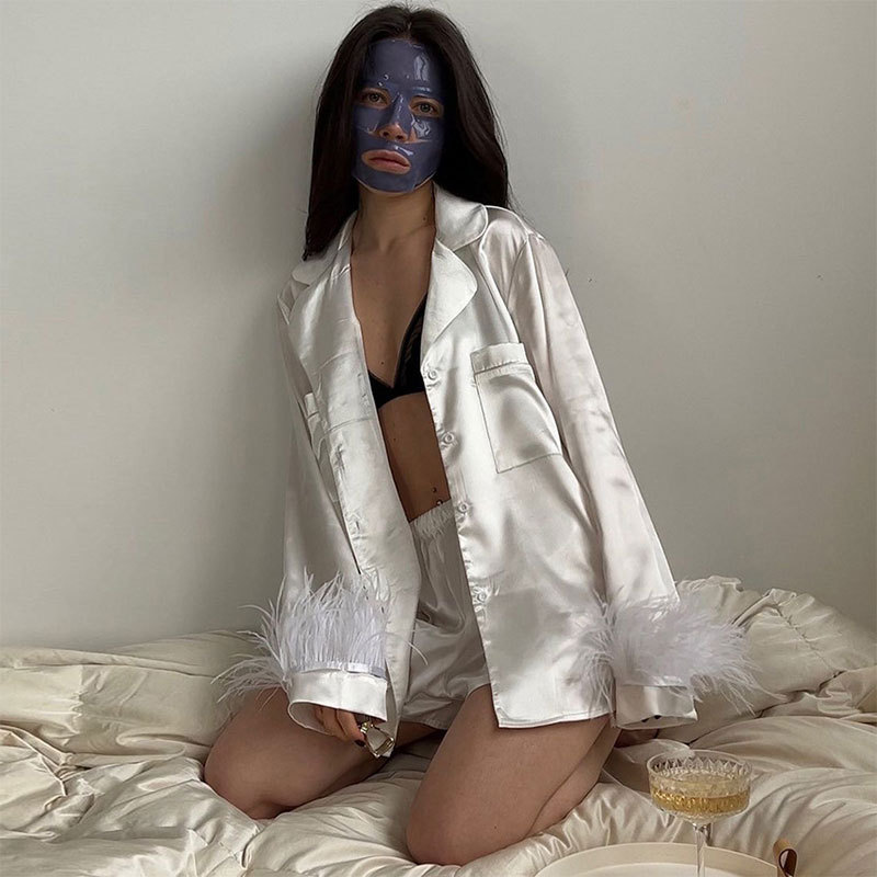 ChicShe European American Pajama Cross-Border Spring Feather French Homewear Women's Shirt And Shorts Two-Piece Set_voghion.com