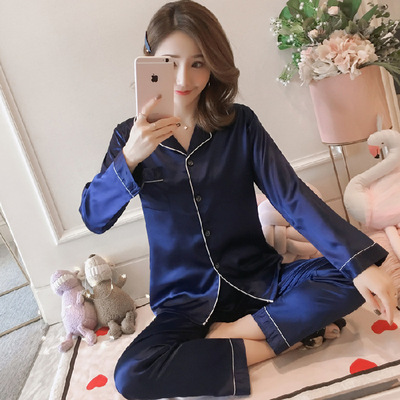 【優質款】春秋新款女士仿真絲性感長袖開衫睡衣加大碼閨蜜家居服