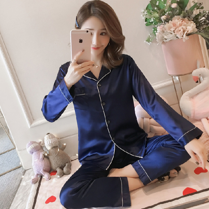 【優質款】春秋新款女士仿真絲性感長袖開衫睡衣加大碼閨蜜家居服