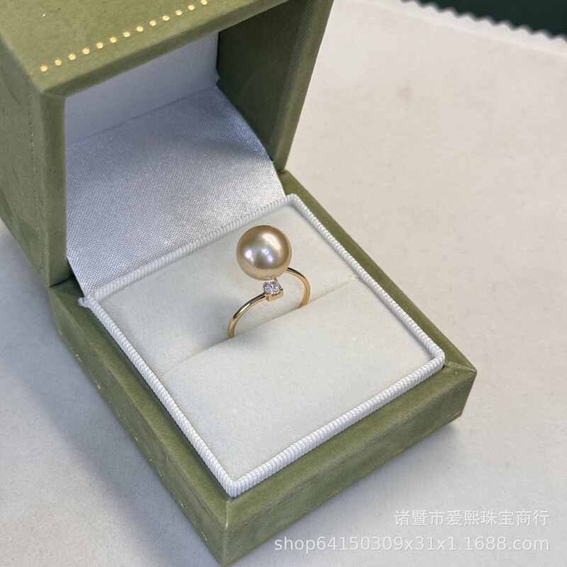 Natural Thick Tea Golden Color Philippine South Sea Gold Bead Ring Round Mirror Light Flawless 18K Gold Live Ring