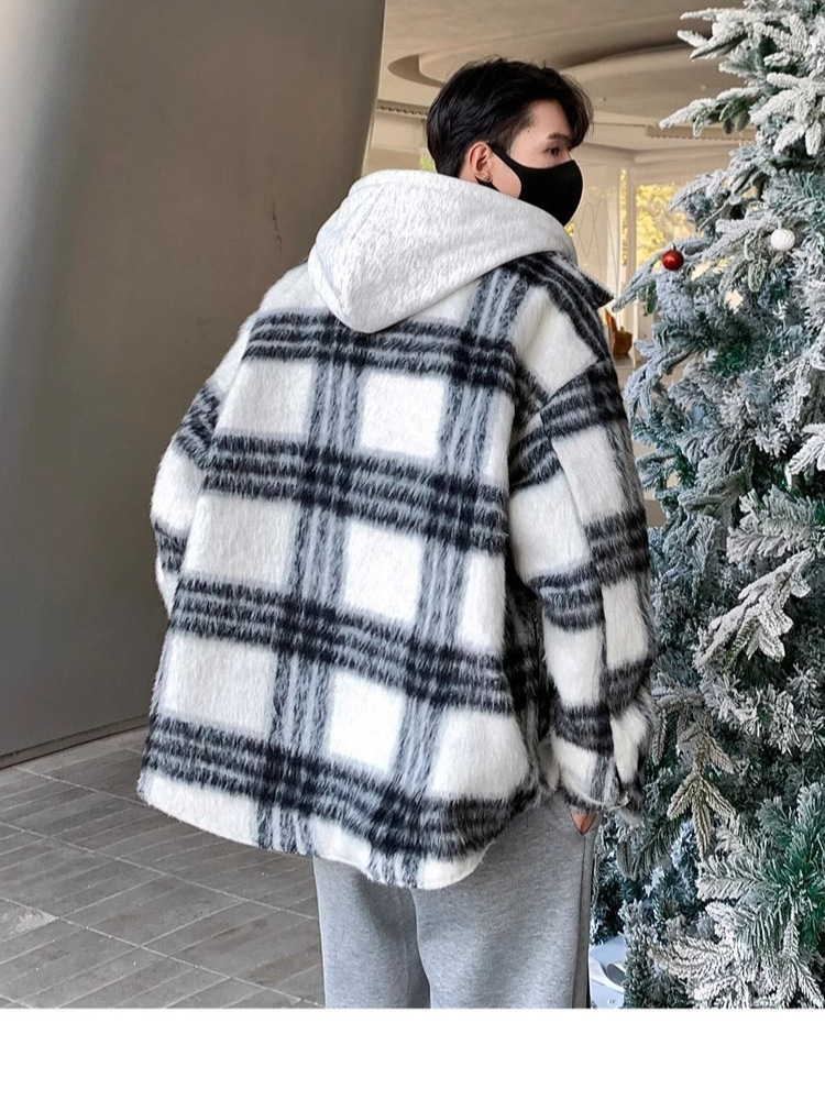 Abrigo a cuadros de dos piezas falso americano para hombres, otoño e invierno, nueva marea nacional, chaqueta acolchada de algodón con capucha de lana retro gruesa y cálida