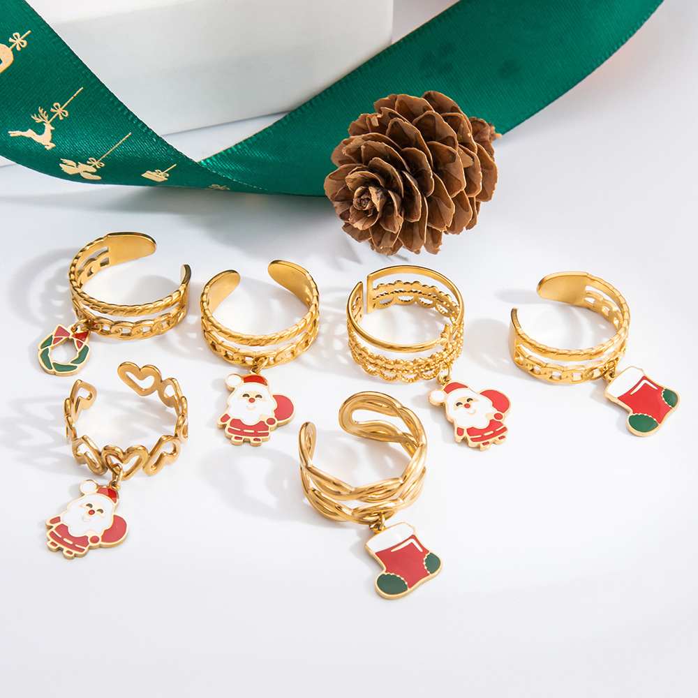 Cute, Modern Style, Classic Style Style PVD Coated Real Gold Plated Santa Claus Christmas Socks 304 Stainless Steel Cute Modern Style Classic Style Waterproof Non Tarnish Charm Rings Open Rings