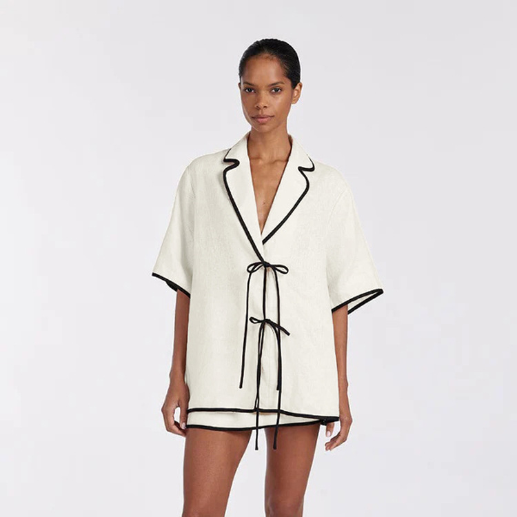 2025 New Style Cotton Casual Contrast Hip Skirt suit Women's Lapel Half Sleeve Lace Cardigan Top Two-Piece Set