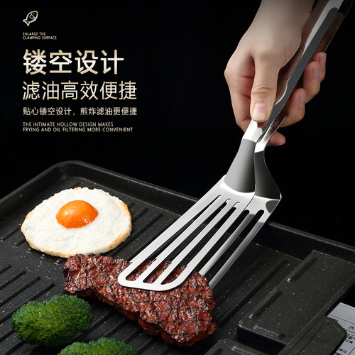 Stainless steel multi-functional pan spatula steak fish sandwich food tongs, large food tongs outdoor barbecue tongs meat tongs