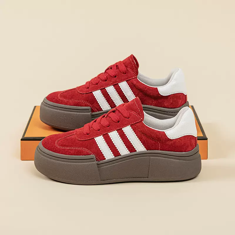 2201复古红色德训鞋女2025春秋新款真皮运动休闲板鞋厚底阿甘鞋