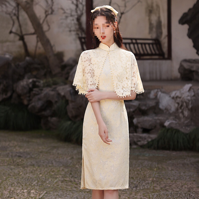 2026 Elegant Embroidered Dress with a Modified Version of the Traditional Cheongsam, Artistic Retro Republic of China Style Cape Two-Piece Set