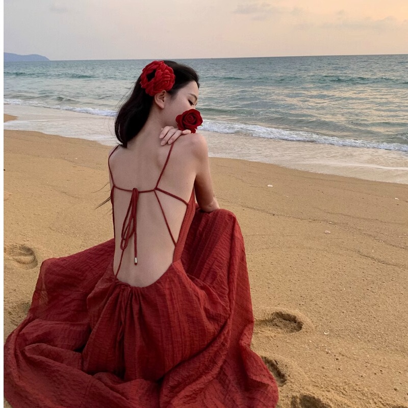 French-Style Pink High-End Sexy Backless Suspender Dress for Women, Summer Fairy-Like Seaside Vacation Princess Long Dress