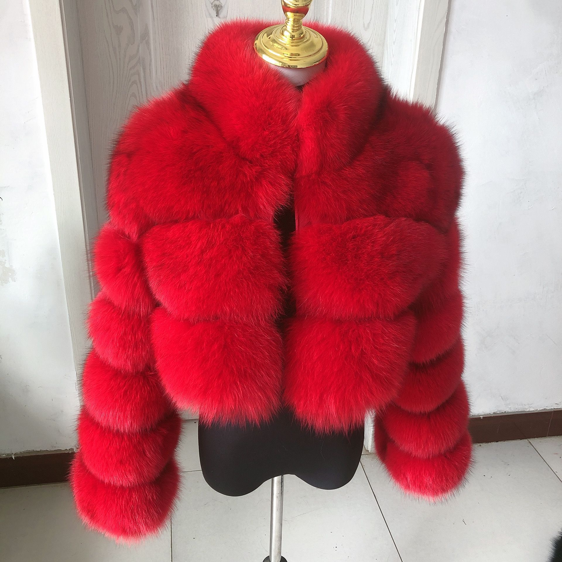 Haină de blană pentru femei, haină de blană cu guler scurt, haină de blană cu mânecă lungă, haină de damă cu îmbinare_voghion.com