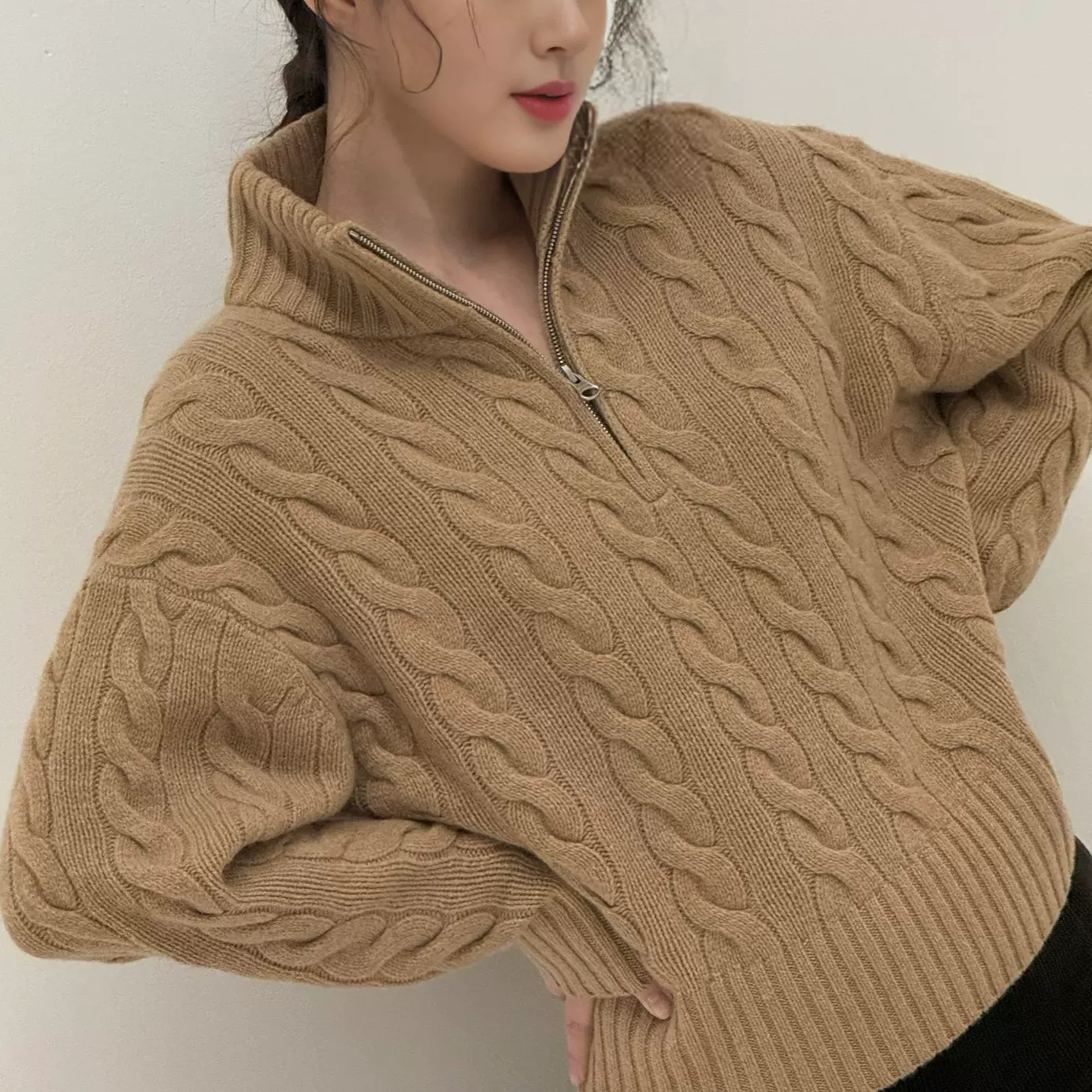 25秋冬新款拉夫半拉链绞花毛衣胸口战马刺绣立领长袖毛衣女宽松