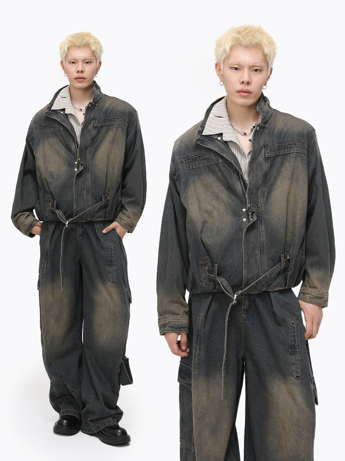 MTLCLOTHES Hombres| Calle retro hacer viejos bolsillos pesados sueltos versátiles moda vaquero conjunto de moda moda